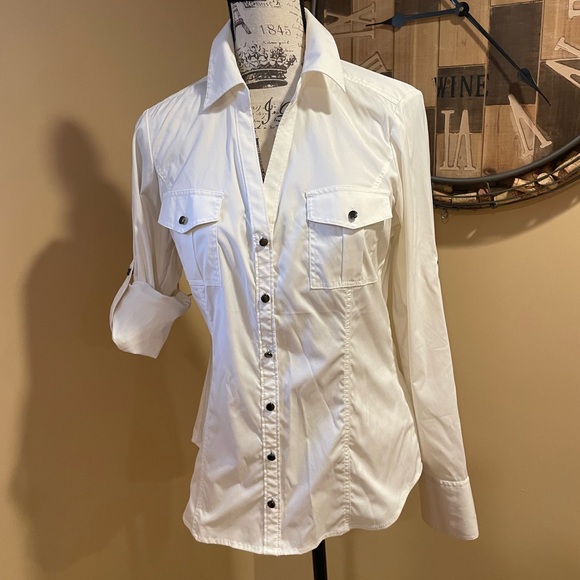 Express Tops - EXPRESS Cream classic blouse w/black button detail M